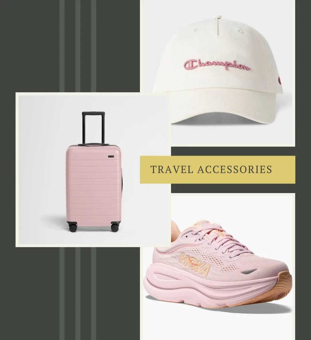Collage titled Travel Accessories showing a cream Champion ball cap, pink hard-shell carry-on suitcase and pink Hoka sneakers