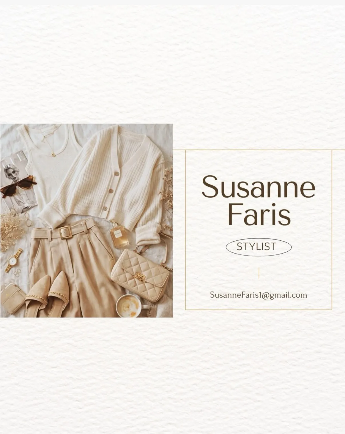 Intro card for stylist Susanne Faris with her email beside a neutral flat lay of a cream cardigan, tan trousers, quilted bag and mules