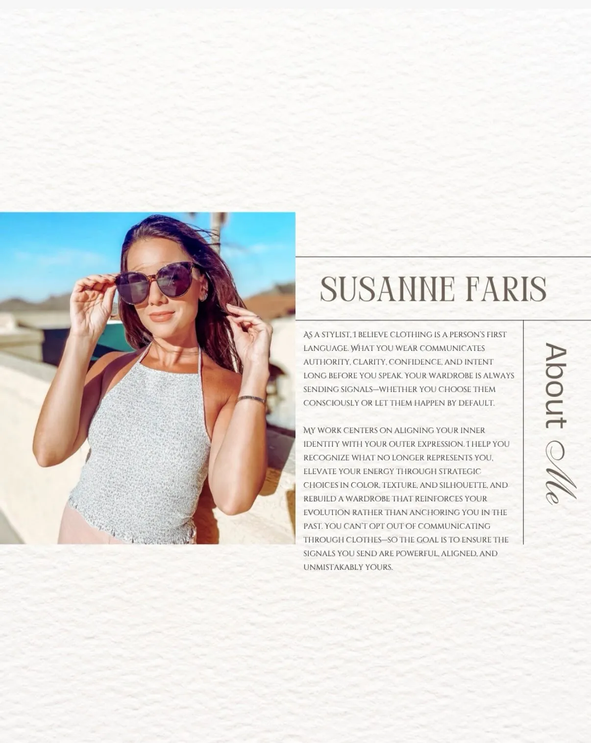 About Me card with Susanne in sunglasses outdoors and text on clothing as a first language that communicates confidence and intent