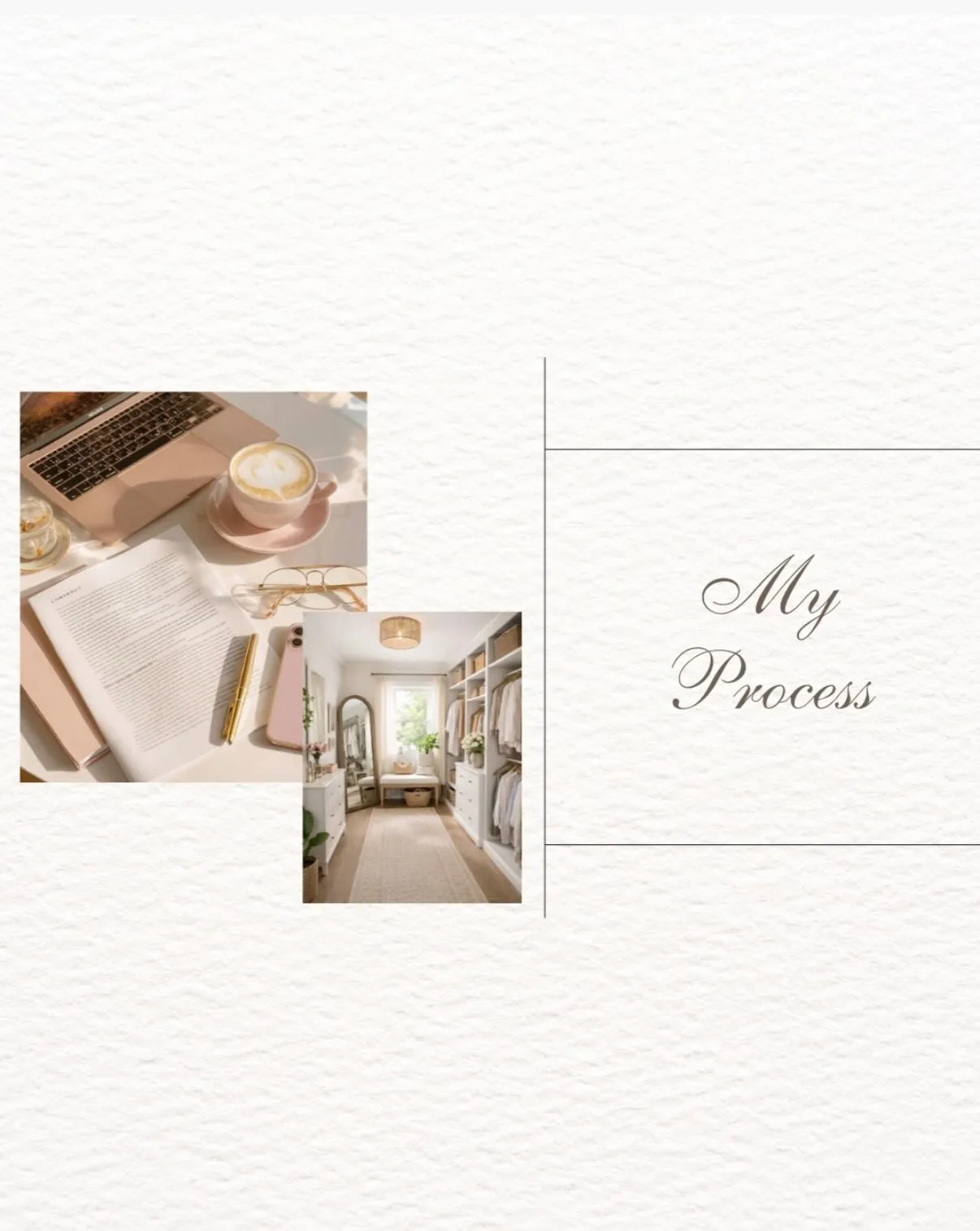 My Process card with photos of a contract and laptop on a sunlit desk and a bright organized walk-in closet