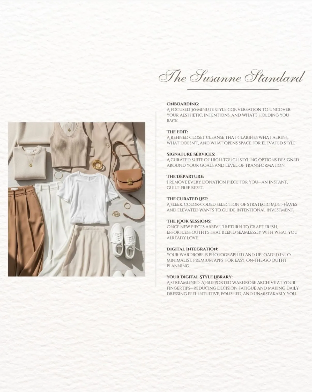 The Susanne Standard card listing her services from onboarding and closet edit to look sessions and a digital style library