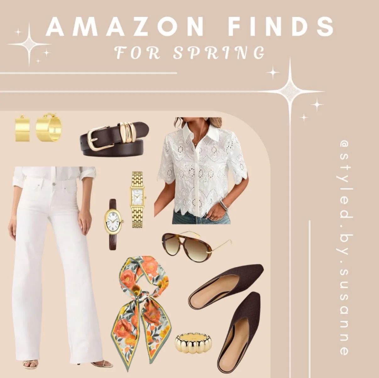 Graphic of Amazon spring finds: white eyelet shirt, white wide-leg jeans, brown belt, gold watches, floral scarf and chocolate mules