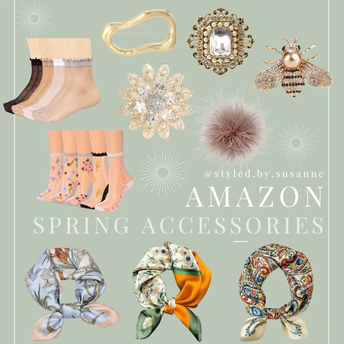 Graphic of Amazon spring accessories: sheer ruffle and floral socks, jeweled brooches, a feather pom and three silk scarves