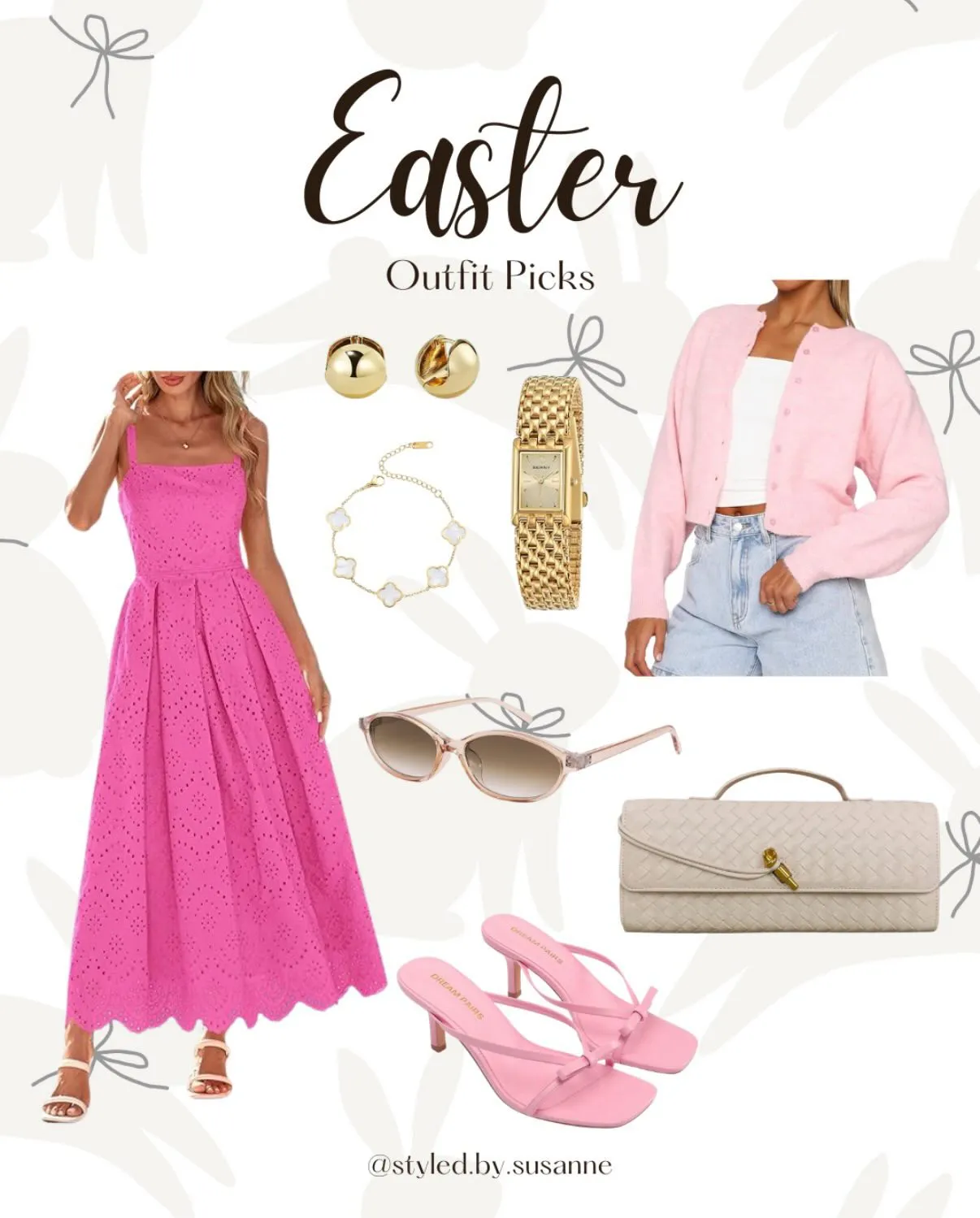 Easter outfit collage with a hot pink eyelet maxi dress, pink cardigan, gold jewelry, pink sunglasses, woven clutch and pink bow heels