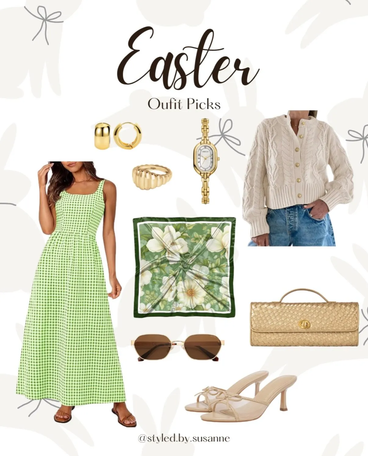 Easter outfit collage with a green gingham maxi dress, cream cable-knit cardigan, floral scarf, gold jewelry, woven clutch and nude bow mules