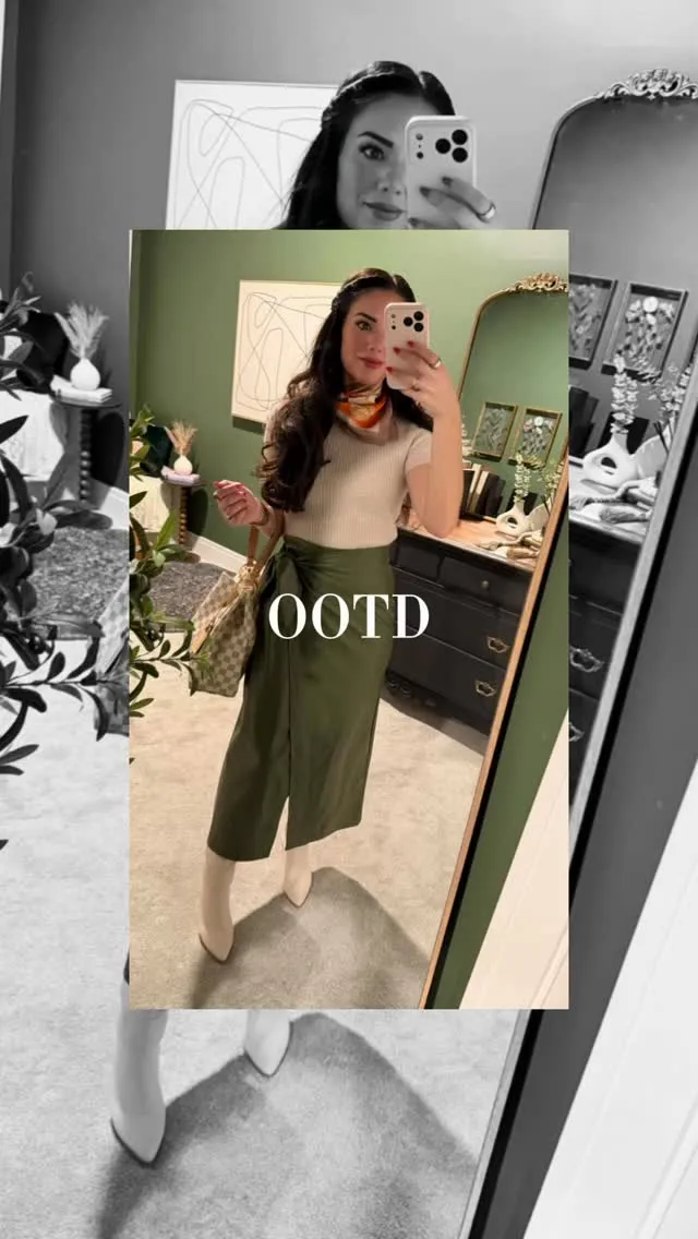 Reel cover titled OOTD with Susanne in a cream knit top, olive wrap midi skirt, orange scarf at her neck, monogram tote and cream boots