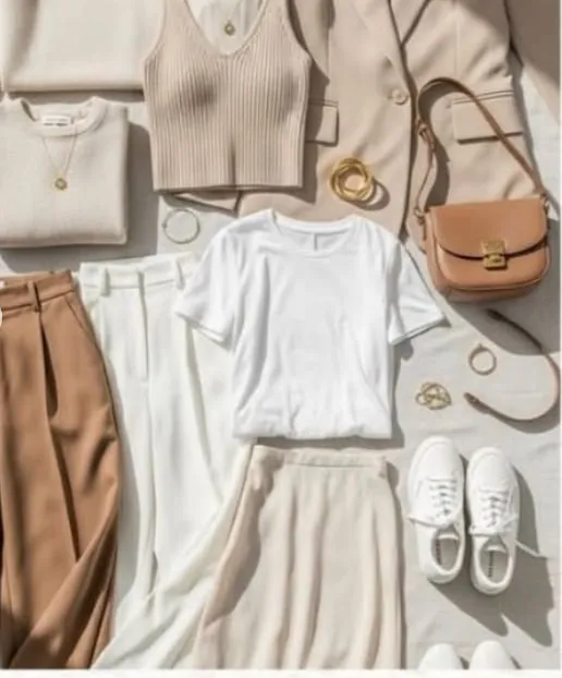 Flatlay of neutral wardrobe pieces styled by Susanne.
